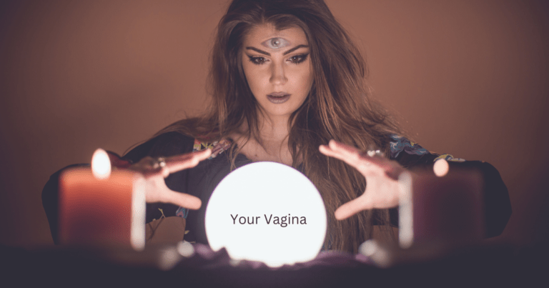 woman with hands hovering over a white crystal ball with text "your vagina" on it