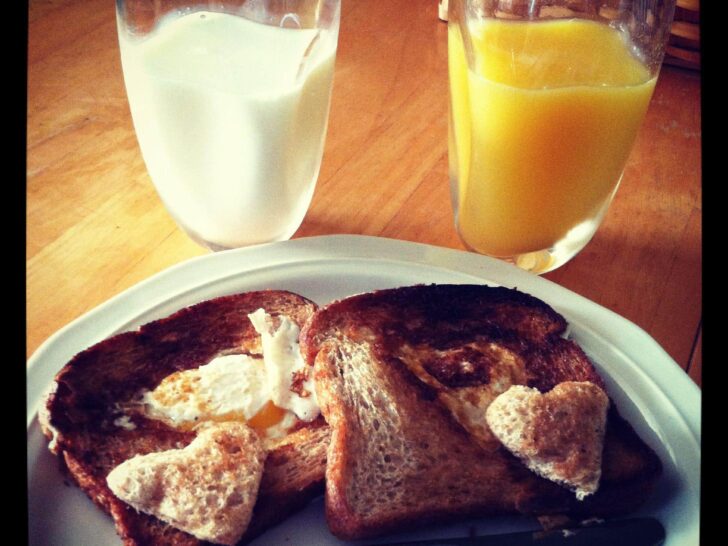 photo of pregnancy glucose screening alternative meal - milk, orange juice, toast, eggs, and butter