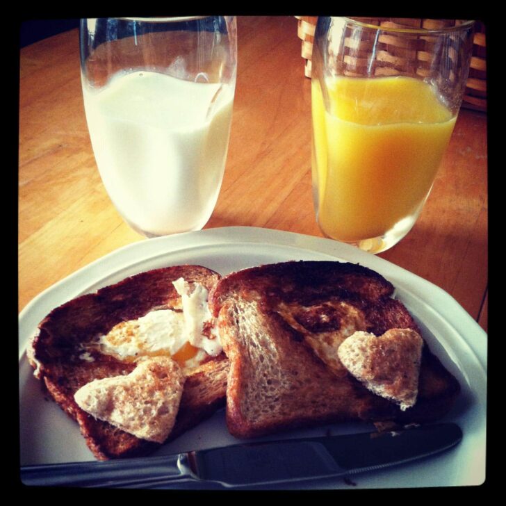 photo of pregnancy glucose screening alternative meal - milk, orange juice, toast, eggs, and butter