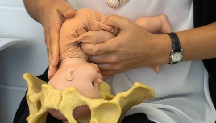 CABLE BAY,NZ MAY 21 2014:Midwife demonstrate Childbirth to a pregnant woman.A woman's uterus will expand to 500 times its normal size during pregnancy.