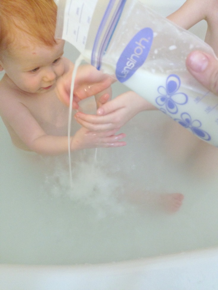 Don't pump and dump! Make a breast milk bath. A breast milk bath is helpful with moisturizing dry skin, healing diaper rash and soothing red, irritated skin