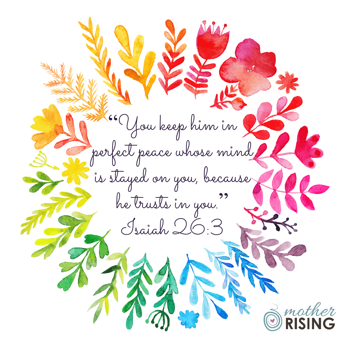 Colorful, watercolor wreath with printable birth scriptures in the middle of Isaiah 26:3