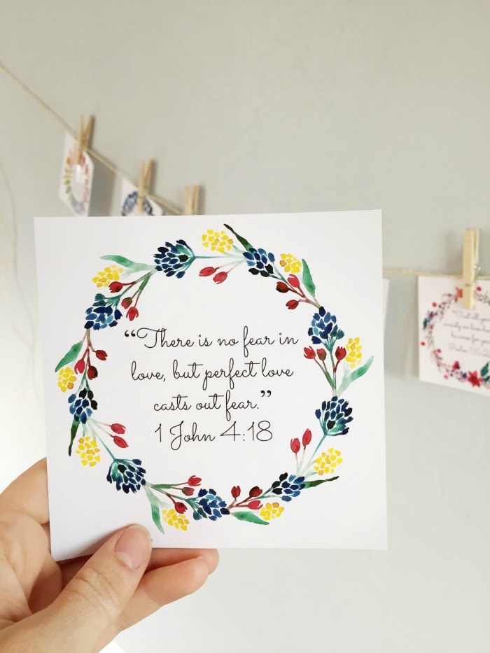 Colorful watercolor wreath with bible verses for labor and delivery in the center 1 John 4:8 "There is no fear in love, but perfect love casts out fear."