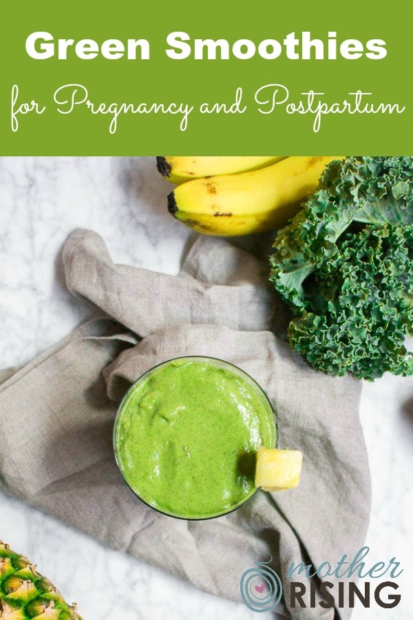 Green smoothies for pregnancy and postpartum are a delicious way to pack in the nutrients, stay hydrated, and keep things cool.  The following two green smoothie recipes are simple, yet full of pregnancy superfoods to nourish mama and her growing baby. #pregnancy #smoothie #greensmoothie #firsttrimester #secondtrimester #thirdtrimester #postpartum