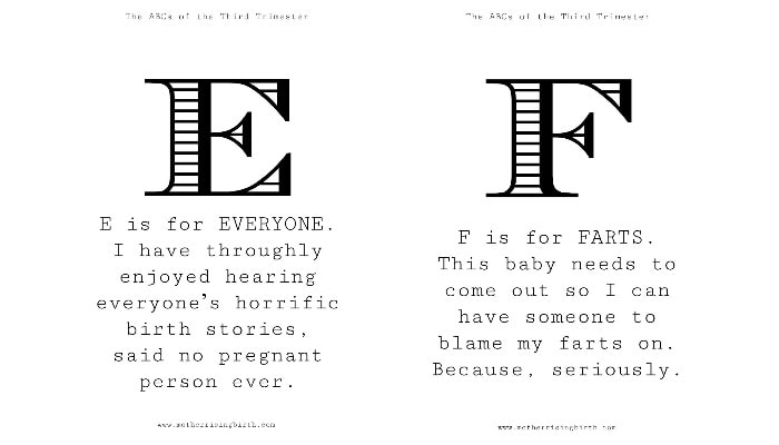 E is for EVERYONE:  I have thoroughly enjoyed hearing everyone's horrific birth stories, said no pregnant person ever.F is for FARTS:  This baby needs to come out so I can have someone to blame my farts on. Because, seriously.