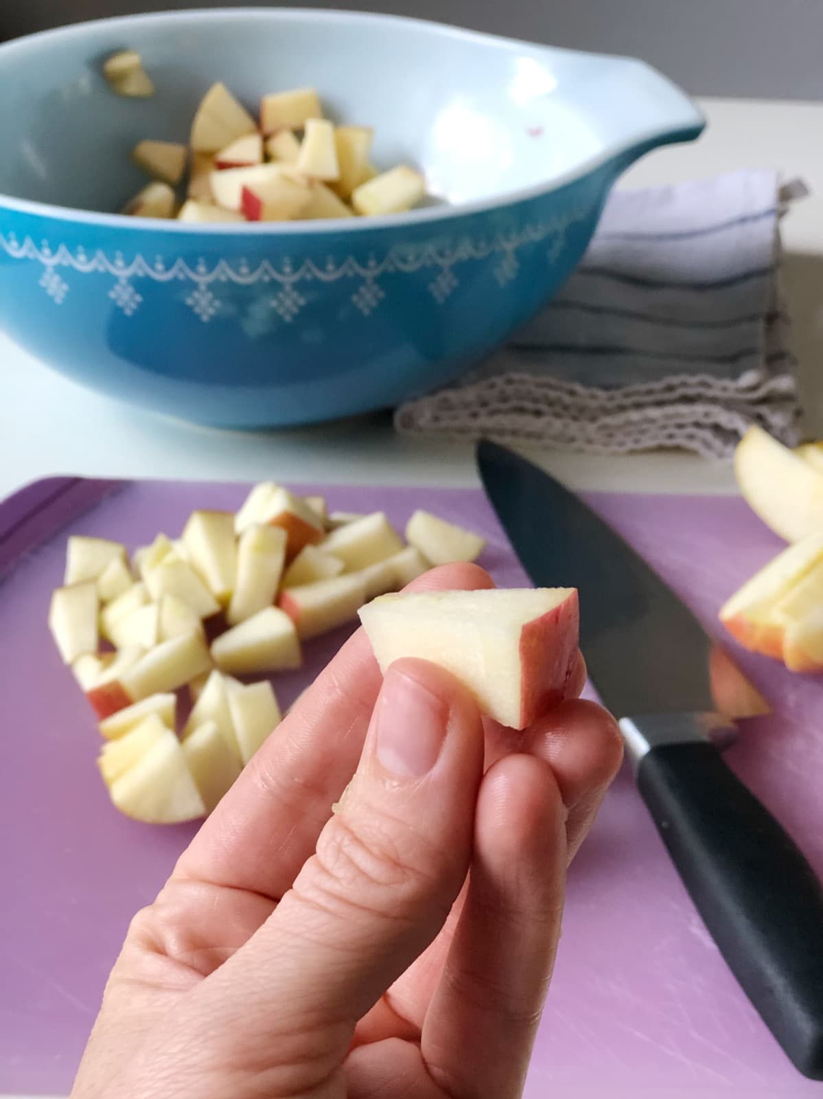 Chick-Fil-A fruit cup apples need to be sliced in small bite-sized pieces. 