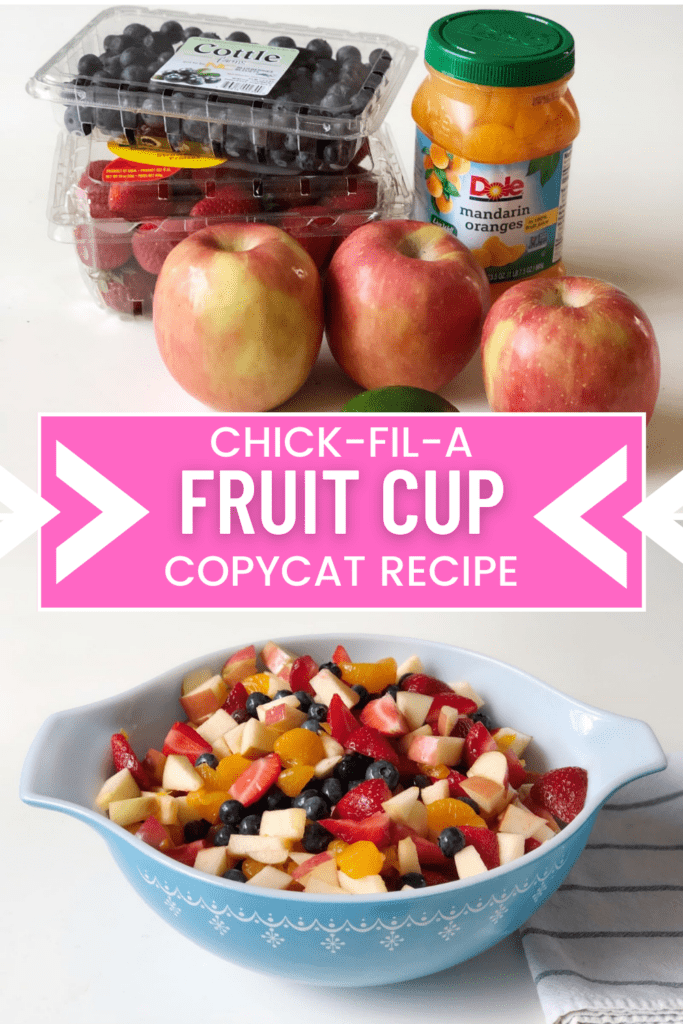 Wondering how to make the Chick-Fil-A fruit cup? Use this copycat Chick-Fil-A fruit cup recipe for get-togethers, parties, a side dish for grilling out, or a snack on the go. (Pssst - this is 1,000 times cheaper than buying from CFA.) The Chick-Fil-A fruit cup ingredients are apples, jarred mandarin oranges (because kids love them), blueberries, strawberries, and a lime.