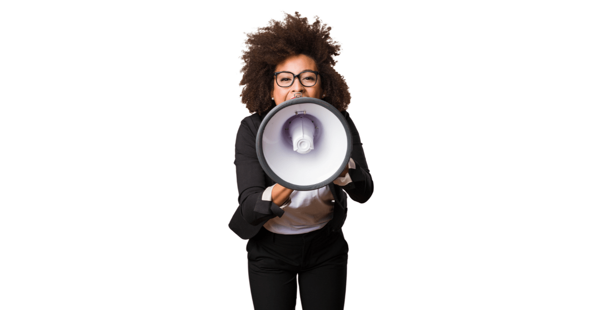 woman in black clothes and big hair yelling into a white megaphone