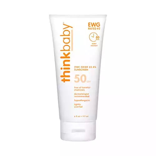 Thinkbaby SPF 50+ Baby Sunscreen – Safe, Natural Sunblock for Babies - Water Resistant Sun Cream – Broad Spectrum UVA/UVB Sun Protection – Vegan Mineral Sun Lotion, 6oz