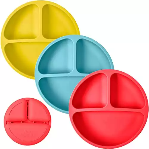 WeeSprout Non-Suction Silicone Dishware Plate (No Lids), 100% Food Grade for Toddlers and Kids, Dishwasher and Microwave Safe (Bright Red, Blue & Yellow, 3 Count (Pack of 1))