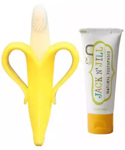 Baby Banana Brush Toothbrush With Handles For Infants with Jack N Jill Fluoride Free Toothpaste, Banana