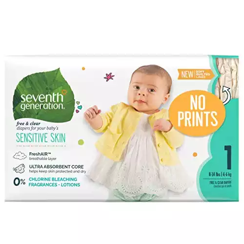 Seventh Generation Baby Diapers for Sensitive Skin, Plain Unprinted, Size 1, 160 Count (Packaging May Vary)