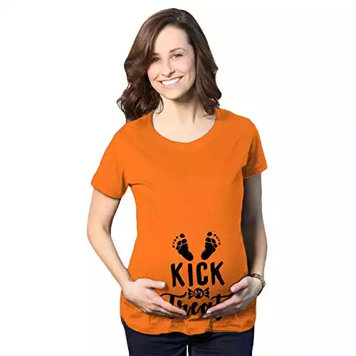 Maternity Kick Or Treat Tshirt Funny Halloween Pregnancy Announcement Tee Funny Graphic Maternity Tee for Halloween with Adult Humor Orange M