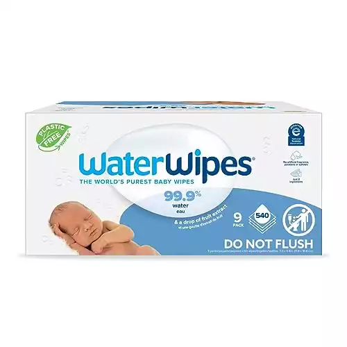 WaterWipes Plastic-Free Original Baby Wipes, 99.9% Water Based Wipes, Unscented & Hypoallergenic for Sensitive Skin, 540 Count (9 packs), Packaging May Vary
