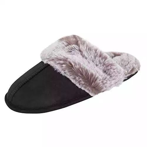 Jessica Simpson Women's Comfy Faux Fur House Slipper Scuff Memory Foam Slip on Anti-Skid Sole, Black, Medium