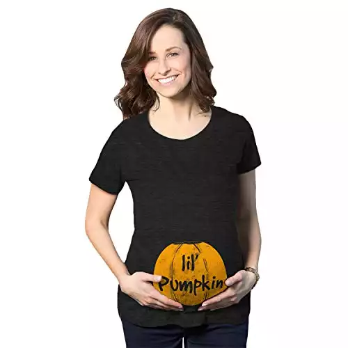 Crazy Dog Womens Maternity Lil Pumpkin Funny Halloween Novelty T Shirts Little Pumpkin Tee Funny Shirts for Mothers to be Cute Pregnancy Announcement Halloween Costume Heather Black XXL