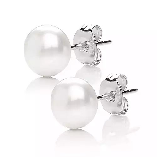 MABELLA 925 Sterling Silver AAA Genuine Freshwater Cultured Pearl White Button Stud Earrings Jewelry Gifts for Women 7mm