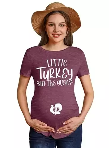 Thanksgiving Women Pregnancy Maternity Shirt Short Sleeve Funny Graphic Top Little Turkey in The Oven L