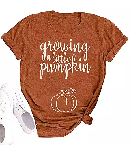 kkboy Maternity Growing A Little Pumpkin T Shirt Funny Letter Printed Pumpkin Tunic Pregnancy Mamma Summer Casual Tops (XL, Pumpkin)