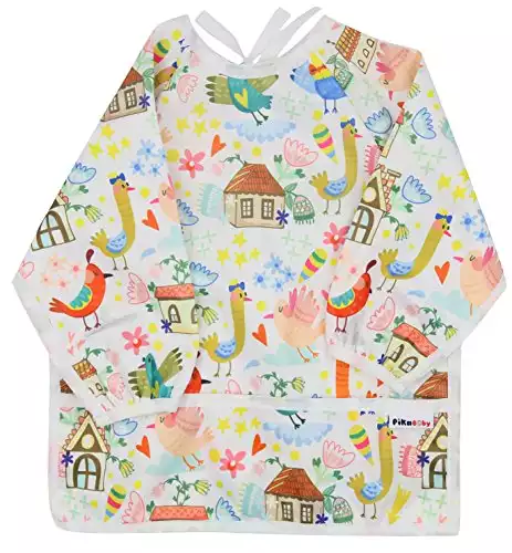 Pikababy Long Sleeved Bib | Easy-Wear & Take-off Bibs with Pocket | Washable Easy-Clean Bibs | Waterproof Baby Bibs | Stain & Odor Resistant Smock | Baby Boy Girl | 6-24 Months (Farm)