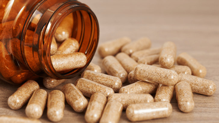 Brown placenta pills spilled out of an amber bottle on a brown surface.