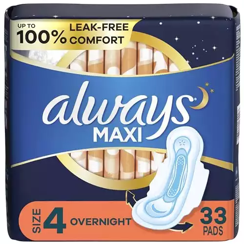 Always Maxi Pads Size 4 Overnight Absorbency Unscented with Wings, 33 Count