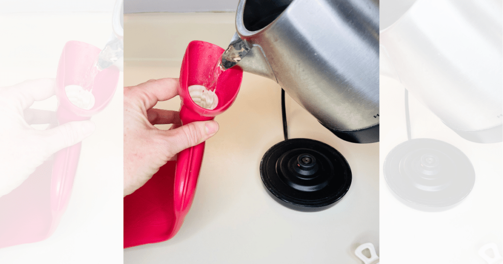 electric kettle pouring hot water into a red, rubber hot water bottle