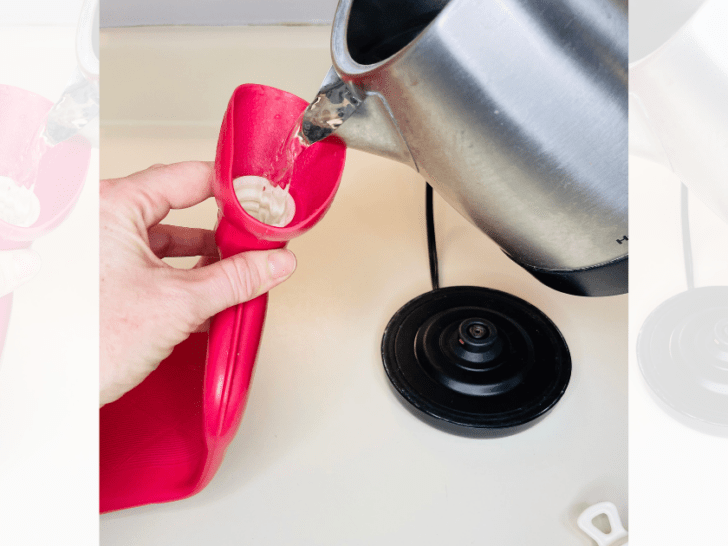electric kettle pouring hot water into a red, rubber hot water bottle