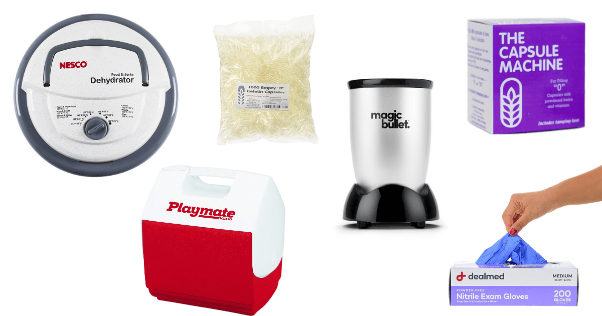 six supplies comprise a placenta encapsulation kit - dehydrator, capsules, cooler, grinder, capsule machine, and gloves.