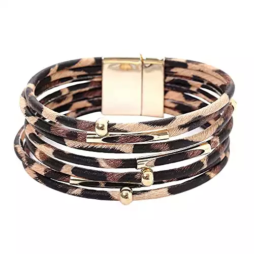MUDEREK Women Leopard Bracelet Metal Pipe Charm Multilayer Wide Leather Wrap Bangle Gift Bangle
