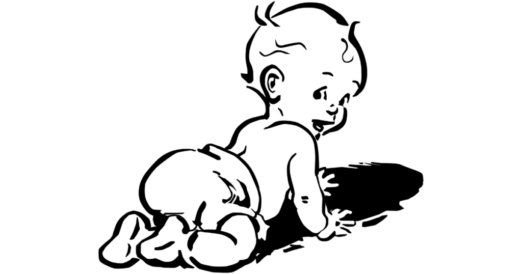 vintage outline drawing of baby boy crawling in diaper
