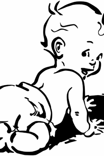 vintage outline drawing of baby boy crawling in diaper