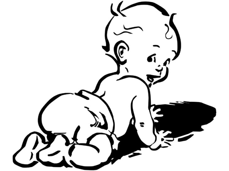 vintage outline drawing of baby boy crawling in diaper
