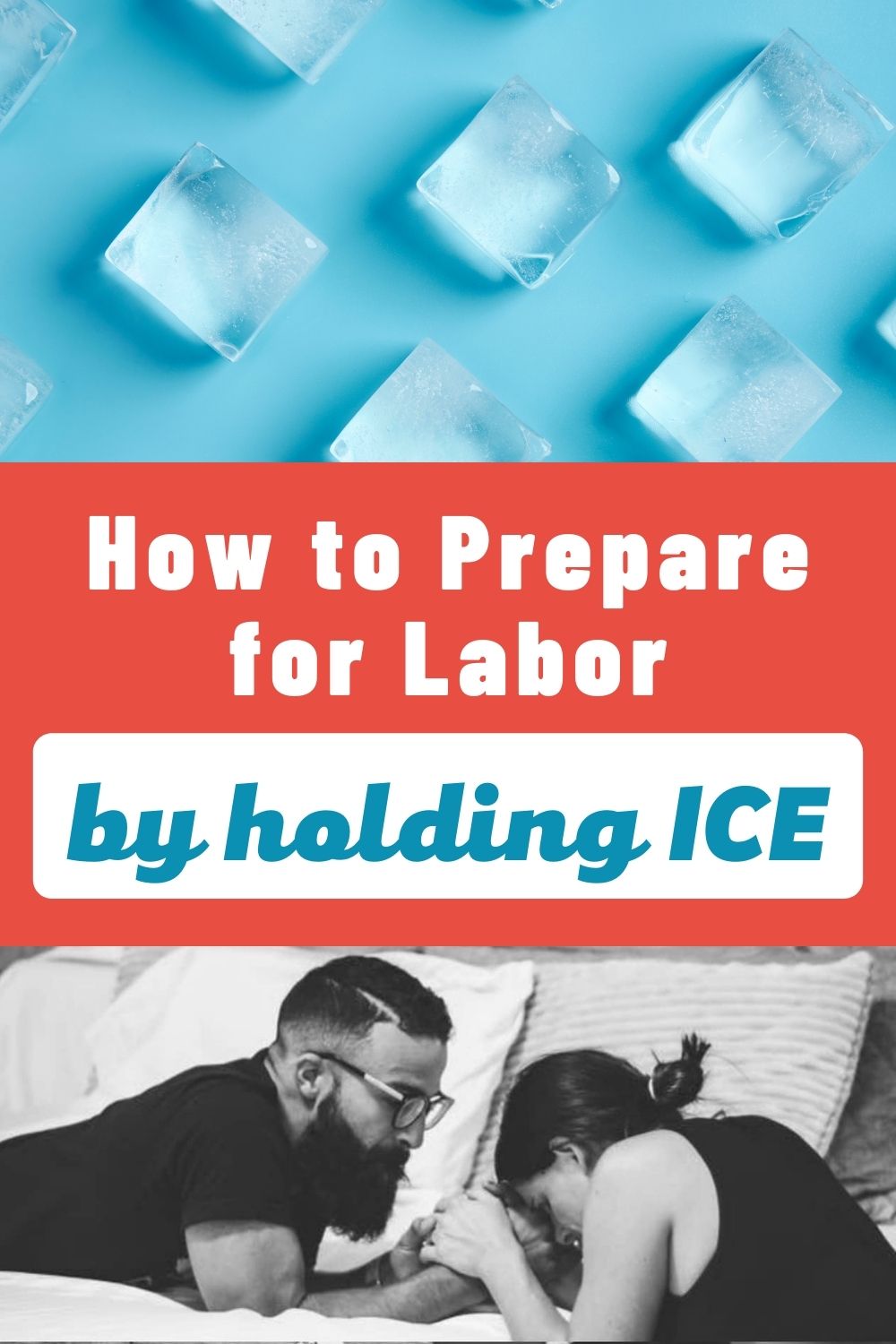 Woman kneeling by bed with husband learning how to prepare for labor by holding ice. 