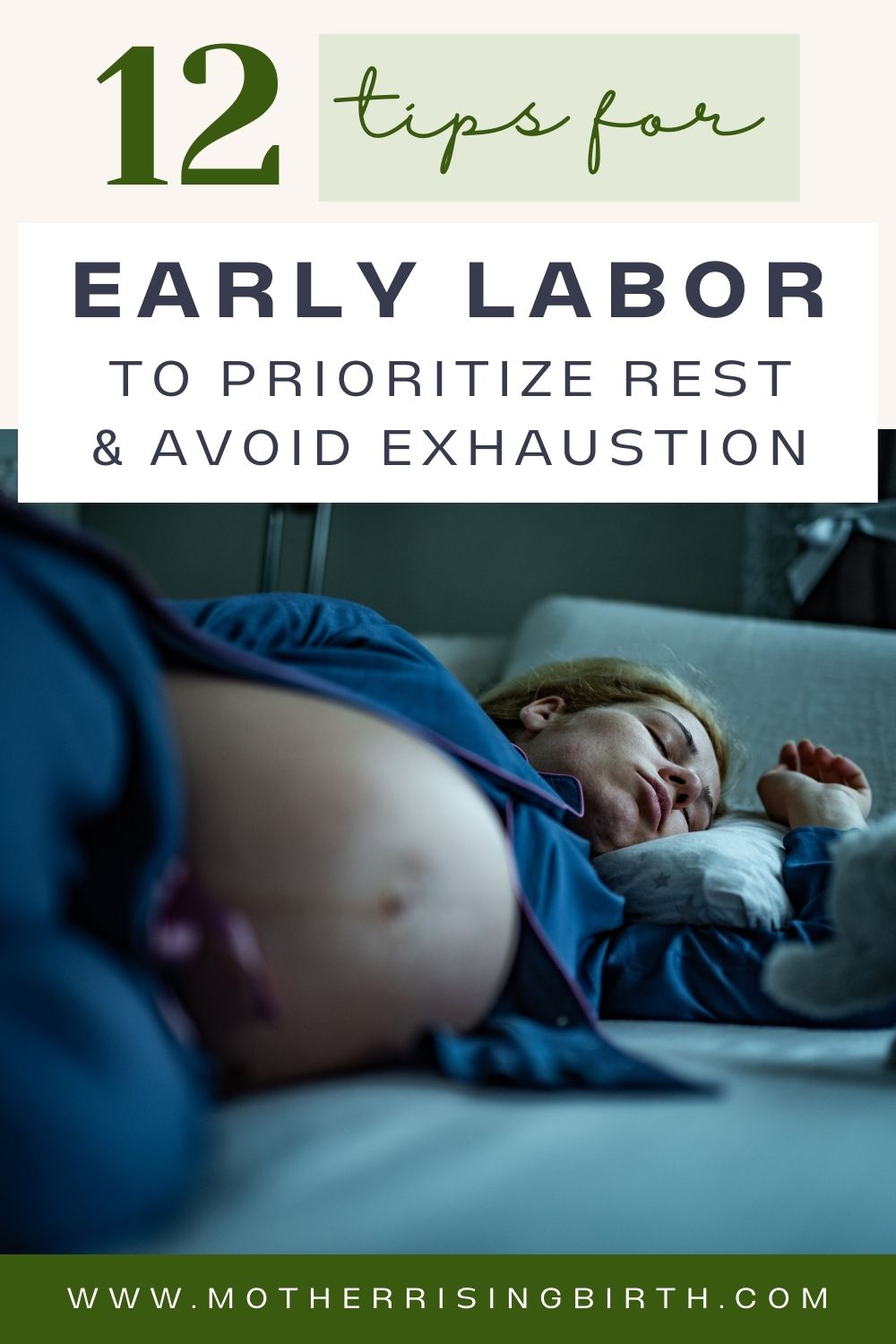 Pregnant woman with bare belly lying down on bed sleeping, one of the best tips for early labor to prioritize rest and avoid exhaustion.